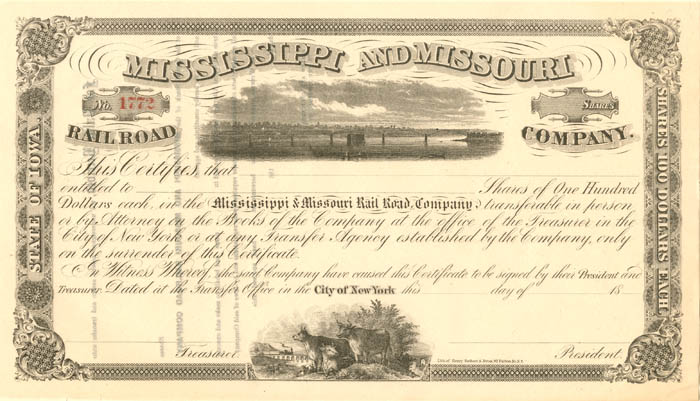 Mississippi and Missouri Railroad Co. - Unissued Stock Certificate